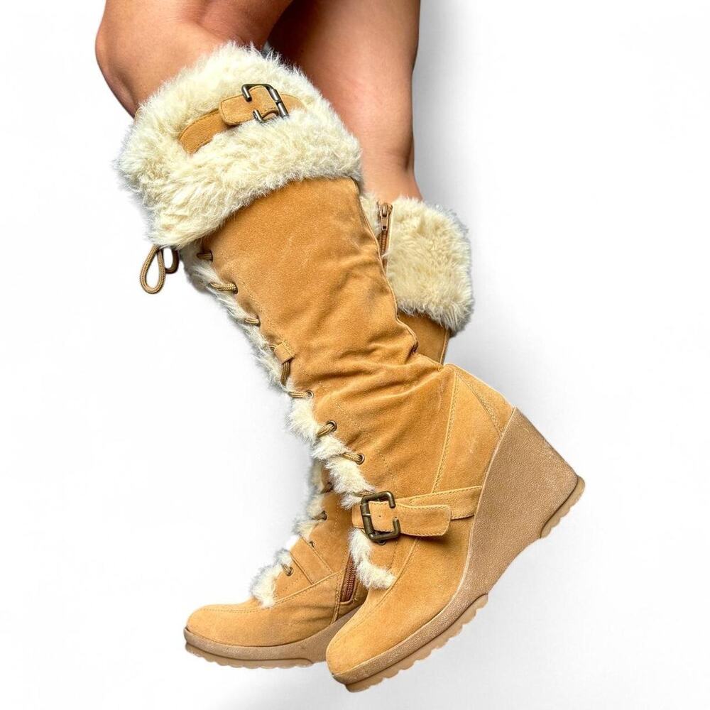 Insane 2000s Suede & Faux Fur Tall Wedge Knee High Shearling Boots Apres Ski 7.5